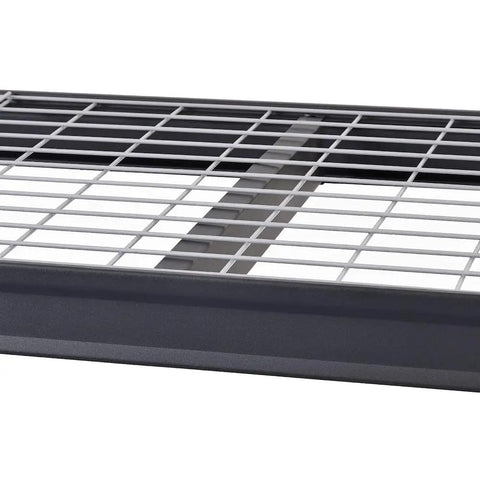 Industrial Grade Heavy Duty Steel Wireless Shelving Rack 77 X 24 X 72 Inches Black wire shelf close-up for commercial garage storage.