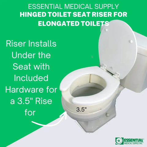 Hinged Toilet Seat Riser for Standard Toilets with 3.5 Inch Rise, 17.5 Inch By 13.5 Inch Fits Most Standard Bowls shown on toilet.