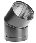 Heavy Duty Double Wall 6 Inch 45 Degree Elbow Vent Connector For Wood Burning Stove Galvanized Steel And Stainless Steel DVL Style Keeps Smoke Out And Delivers A Solid Draft Easy Install, black finish, angled view