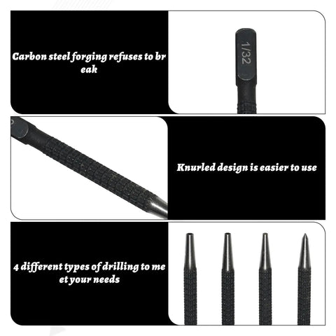 4 Piece Center Punch Set For Metal Marking And Hole Starting Points, Hardened Steel Tips In 1/32 to 4/32 Inch, Durable Black Finish