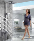 Golden White Wall Mounted Shower System With Rainfall Head And Massage Jets Solid Brass Swivel Spout in modern bathroom setting.