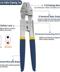 Heavy Duty Wire Rope Crimping Tool Kit With 100 Ft One Sixteenth Inch Stainless Steel Cable showing crimping pliers and features.
