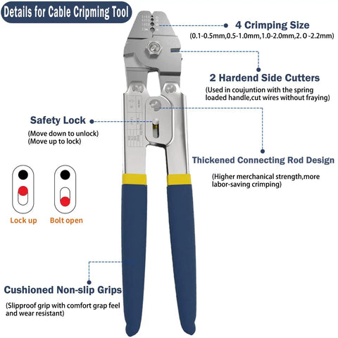 Heavy Duty Wire Rope Crimping Tool Kit With 100 Ft One Sixteenth Inch Stainless Steel Cable showing crimping pliers and features.