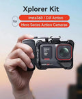Person holding Xplorer Magnetic Quick Release Camera Grip Kit for Insta360 DJI Action and Hero Series against cityscape background.