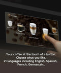 Finger using 7 inch HD touchscreen on Fully Automatic Espresso Machine With Ceramic Flat Burrs And Nine Grind Size Options