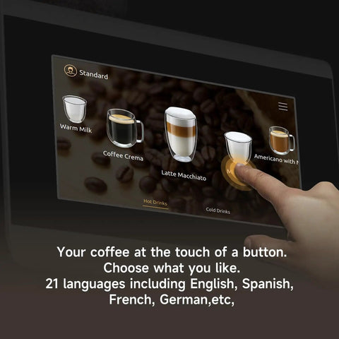 Finger using 7 inch HD touchscreen on Fully Automatic Espresso Machine With Ceramic Flat Burrs And Nine Grind Size Options