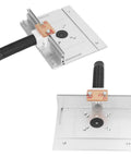 Badass Aluminum Router Lift System Kit With Smooth 180 Degree Rotation For Woodworking Enthusiasts And Inverted Routing Projects Featuring Durable Cnc Anodized Insert Plate For Hassle Free Milling And Carving Builds - close-up view showing mount and handle.