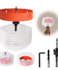 Front view of VUAOHIY orange 6 1/4 inch hole saw kit for recessed lights with dust bowl and accessories