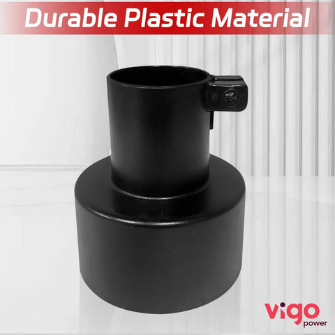 Heavy Duty 2-1/4 To 4 Inch Dust Collection Hose Adapter With Locking Clamp And Cone Reducer, black ABS plastic material.