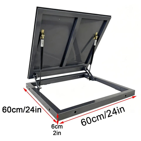 Built Tough Galvanized Steel Ceiling Access Panel With Slick Hinged Cover For Drywall And Plaster Ceilings Featuring Dual Support Struts And Hassle Free Install, showing open position with measurements.