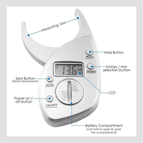 Pinch And Read Digital Body Fat Caliper With LCD Display, Handheld Skinfold Fat Tester And Body Tape Measure showing buttons and display.