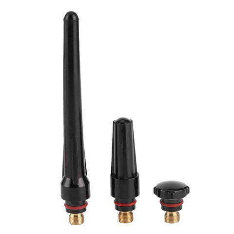 Ultimate 31Pc TIG Welding Nozzle Kit With Ceramic Torch Gas Lens Tips featuring three black nozzle tips with brass threads.