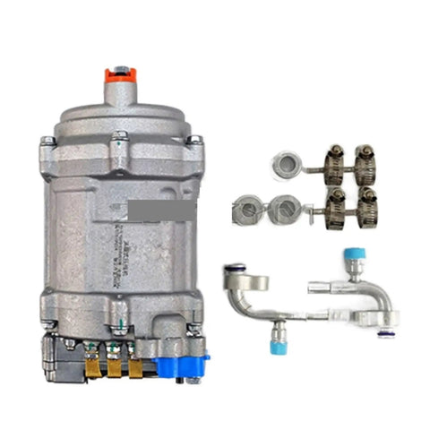 Premium 24V AC Electric Compressor Kit For Cars Trucks And Heavy Vans Easy Drop In Install includes compressor and fittings.