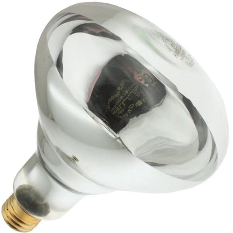 Case Of Twelve 250 Watt 120 Volt R40 Infrared Reflector Heat Lamp Light Bulbs Featuring E26 Medium Screw Base, showing a reflective heat lamp bulb.