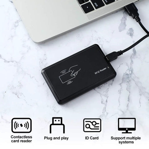 USB 125kHz RFID Card Reader Plug And Play Tap To Read connected to laptop for EM4100 TK4100 tags with icons below.