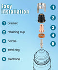 Exploded view of IPT60 Plasma Cutter Consumables Kit 23 Piece Replacement Set with bracket, retaining cup, nozzle, swirl ring, electrode.