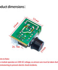 Badass 5 Piece Ac Motor Speed Controller Set Handles Up To 220V And 2000W Loads With Smooth Knob Adjustments and SCR regulation, showing circuit board dimensions.