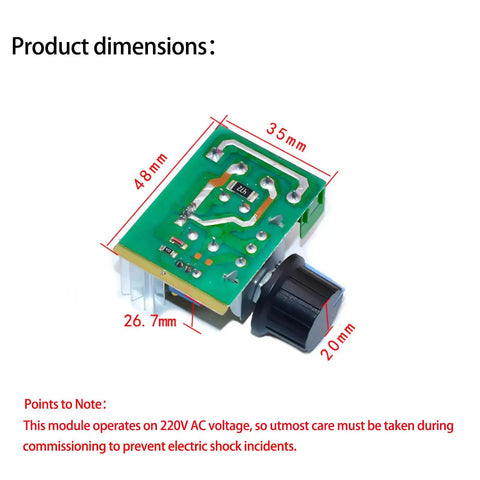 Badass 5 Piece Ac Motor Speed Controller Set Handles Up To 220V And 2000W Loads With Smooth Knob Adjustments and SCR regulation, showing circuit board dimensions.