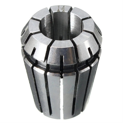 Super Sharp ER25 Collet Chuck Holder Set With 15 Precision Inserts For Milling Drilling Tapping CNC Boring And Sculpture Projects In 2-16mm Range Made From Top Tier Carbon Steel close-up of collet with precision grooves, diameter marked 14mm.
