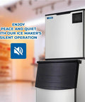 Pro Grade Commercial Ice Maker Crankin Out 1000 Pounds Of Full Dice Cubes Daily, showing stainless steel build and storage bin.