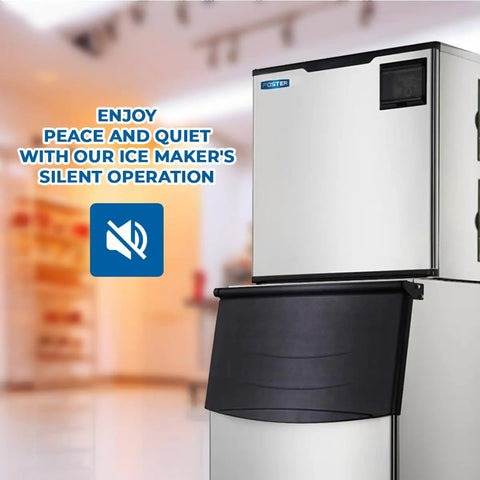 Pro Grade Commercial Ice Maker Crankin Out 1000 Pounds Of Full Dice Cubes Daily, showing stainless steel build and storage bin.