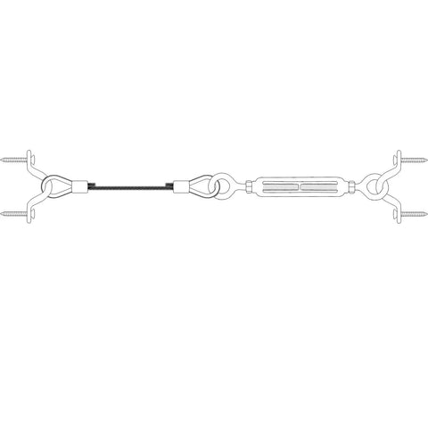 Diagram of heavy duty wire rope kit with 6 turnbuckles M6 and eye and hook, 304 stainless steel rigging set.
