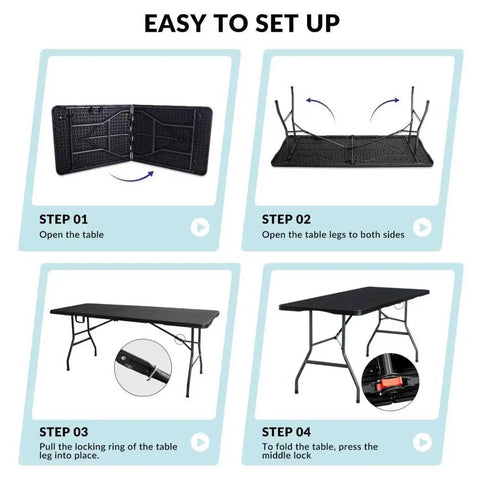 Steps for setting up 6Ft Folding Table With Built In Handle And Steel Legs Heavy Duty Portable Workhorse Party Table For Indoor Outdoor Dining