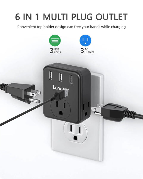 Three Way Wall Outlet Extender With Three AC Outlets And Three USB Ports No Fuss Wall Charger For Home Office Travel Widely Spaced Three Sided Wall Tap Cruise Ship Approved Multi Plug Expander