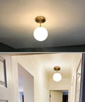Mid Century Modern Ceiling Light Fixture With Milk Glass Shade And Matte Gold Finish Semi Flush Mount For Hallway Living Room Kitchen Bedroom Or Storage Spaces Bulb Included No Fuss Install