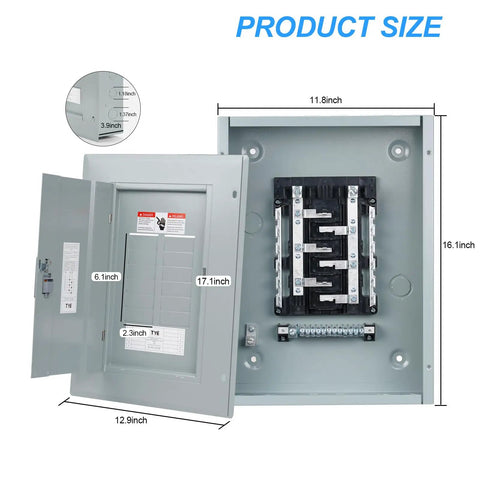Built Different 12 Space 125A Main Lug Load Center With 120V 240V Circuit Breaker Panel Indoor Steel Enclosure dimensions labeled.