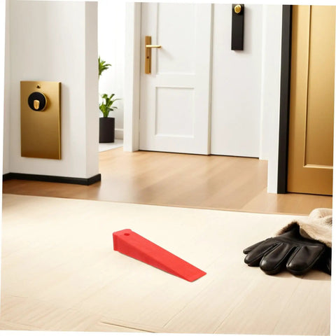 Heavy Duty Red Leveling Wedges 20 Pack Polymer Shims for Window and Furniture Installations on a floor with gloves nearby.