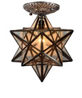 Clear Glass Moravian Star Tiffany Style Semi Flush Mount Ceiling Fixture 12 Inch with classic stained glass glow, front view.