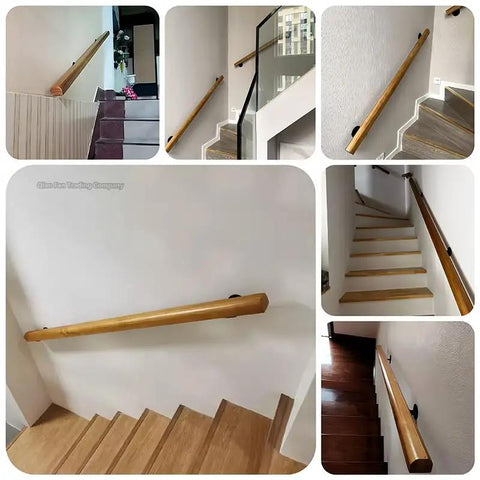 Premium Solid Wood Stair Handrail 2 Foot Wall Mounted Guardrail mounted along a stairway for safety and support.