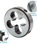 Close-up of M12 X 1 Metric Tap And Die Set With HSS High Speed Steel showing threading and conical locking hole details.