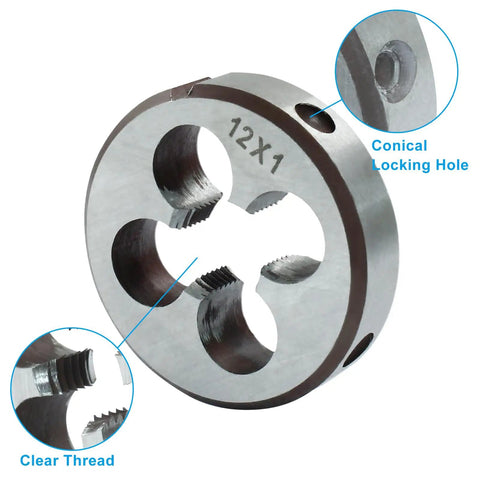 Close-up of M12 X 1 Metric Tap And Die Set With HSS High Speed Steel showing threading and conical locking hole details.