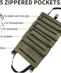 Heavy Duty Tool Roll Up Bag Portable Organizer For Mechanics Electricians And Repair Pros Waterproof Oxford Cloth Zipper Pouch Green Durable Tool Storage Case opened showing 5 zippered pockets for various tools.