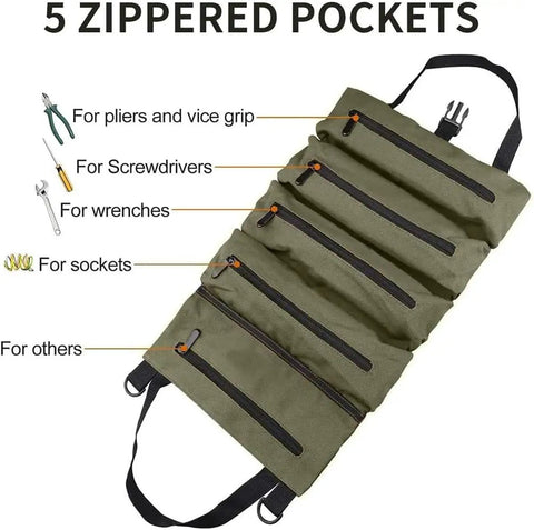 Heavy Duty Tool Roll Up Bag Portable Organizer For Mechanics Electricians And Repair Pros Waterproof Oxford Cloth Zipper Pouch Green Durable Tool Storage Case opened showing 5 zippered pockets for various tools.