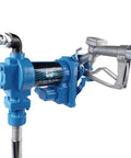 Heavy Duty 20 GPM 12 Volt Fuel Transfer Pump with 50 Amp Auto Fuse, blue cast iron pump with nozzle for fast fluid transfer.