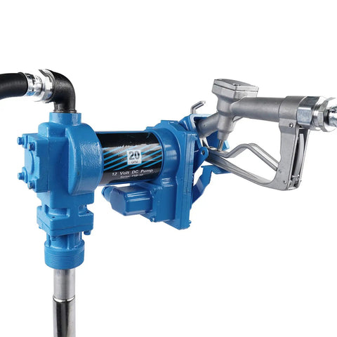 Heavy Duty 20 GPM 12 Volt Fuel Transfer Pump with 50 Amp Auto Fuse, blue cast iron pump with nozzle for fast fluid transfer.