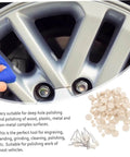 120Pcs Wool Felt Polishing Wheel Set With Mounted Shank For Rotary Tools next to car wheel and hand polishing with cloth.