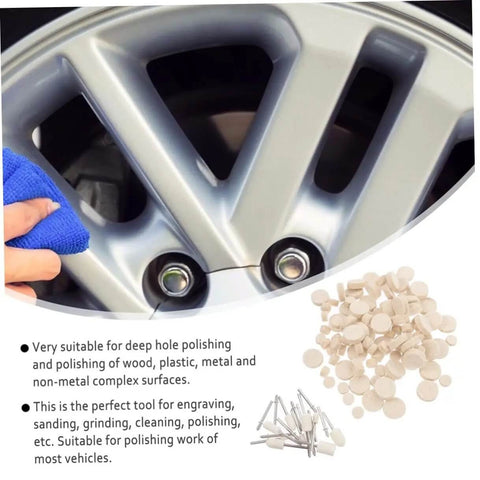120Pcs Wool Felt Polishing Wheel Set With Mounted Shank For Rotary Tools next to car wheel and hand polishing with cloth.