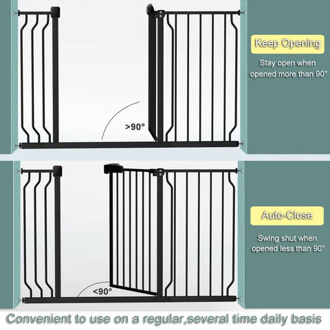 Extra Wide 30 Inch Tall Baby Gate For Doorways And Stairs, Pressure Mounted Black Metal Gate open at 90 degrees, auto-close feature