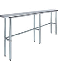 Rock Solid Heavy Duty Stainless Steel Work Table With Open Base Commercial Grade Metal Prep Bench For Restaurants Garages And Workshop Areas 84 Inch Long By 14 Inch Deep, angled view