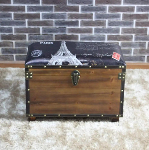 Rock Solid Lowkey Stunning Retro Wooden Storage Ottoman With Super Comfy Upholstered Seat Industrial Footstool For Entryway Bedroom Decor And Shoe Changing Bench, front view on plush carpet.