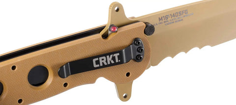 Close-up of M16-14DSFG Folding Knife with liner lock, Veff serrations, G10 handle, pocket clip, titanium nitride coated blade.