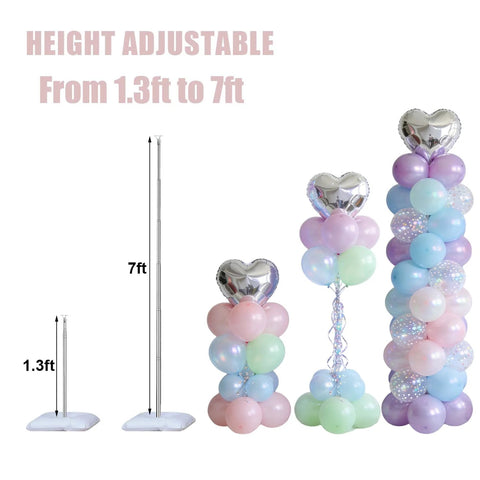 LANGXUN 12ft balloon arch kit with pastel balloon columns and silver heart foil toppers; height adjustable 1.3ft–7ft
