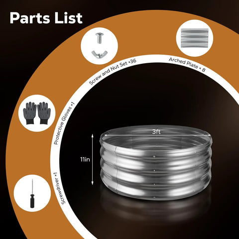 Parts list for 36 Inch Round Galvanized Fire Pit Ring For Backyards And Campsites with accessories shown