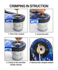 Crimping instructions for Top Tier 8 Indent Crimping Tool, showing wire and contact insertion process for 12-26 AWG.