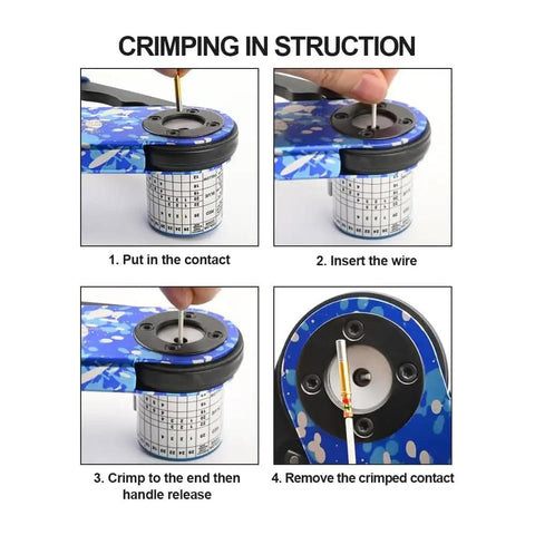 Crimping instructions for Top Tier 8 Indent Crimping Tool, showing wire and contact insertion process for 12-26 AWG.