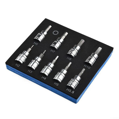 Three Eighths Inch Drive Metric Hex Bit Socket Set In Chrome Vanadium Steel, 2mm To 10mm, in a foam organizer, 9-piece set